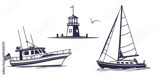 A serene scene of boats sailing near a lighthouse on a calm sea.