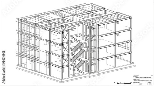 Complex architectural wireframe of a multi story building structure showing stairs floors and beams in isometric perspective.