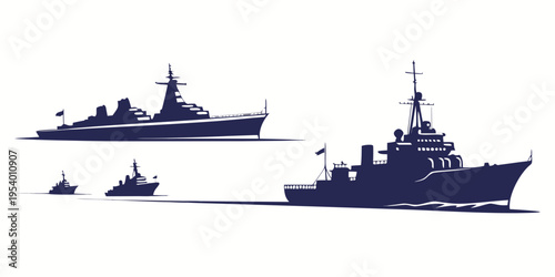 Three naval vessels sailing in formation on a calm sea under a clear sky.