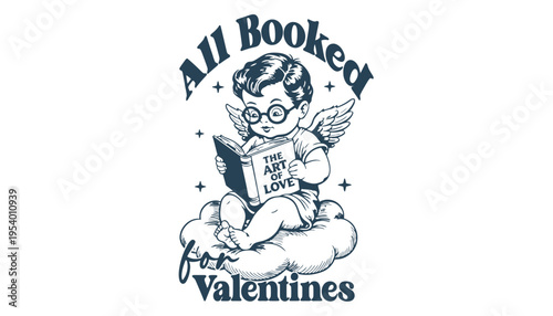 Book illustration of a cherub reading on a cloud for Valentines Day