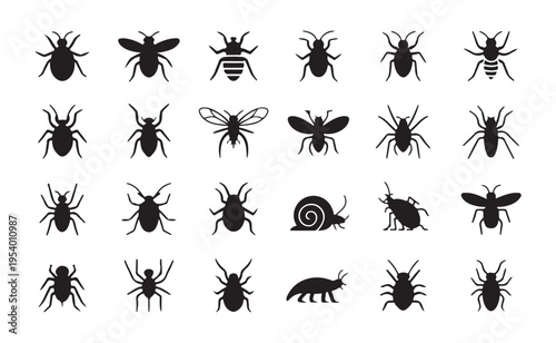 Collection of black insect silhouettes for pest control and entomology design isolated on white background
