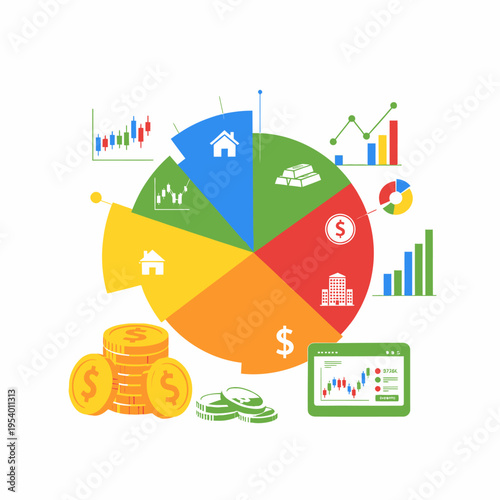 Financial Investment Portfolio Diversification Pie Chart with Gold Coins and Market Analysis Graphs for Business Reports