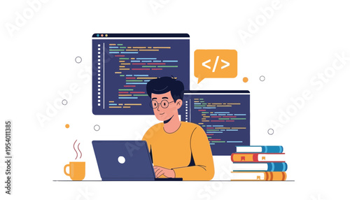 A programmer working on laptop with coding screens and books nearby