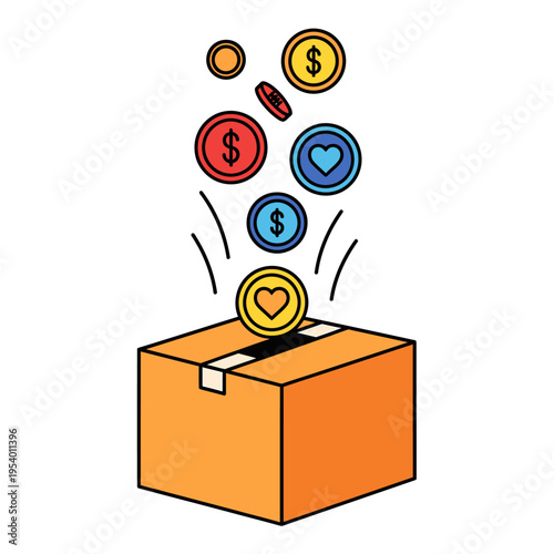 Donation Box with Heart and Dollar Coins Flat Vector Illustration for Charitable Giving and Healthcare Fundraising Concepts