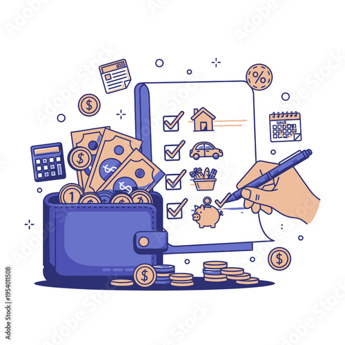Financial Planning Checklist with Wallet and Savings Vector Illustration for Personal Budgeting and Investment Concepts