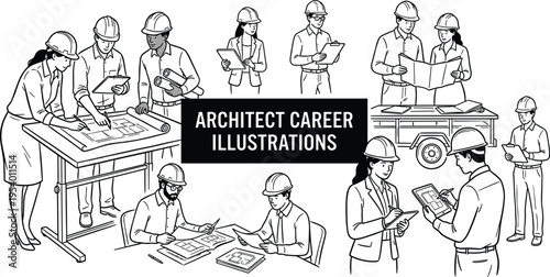 Comprehensive collection of architect and engineer characters working on blueprints and site plans for construction career illustrations.
