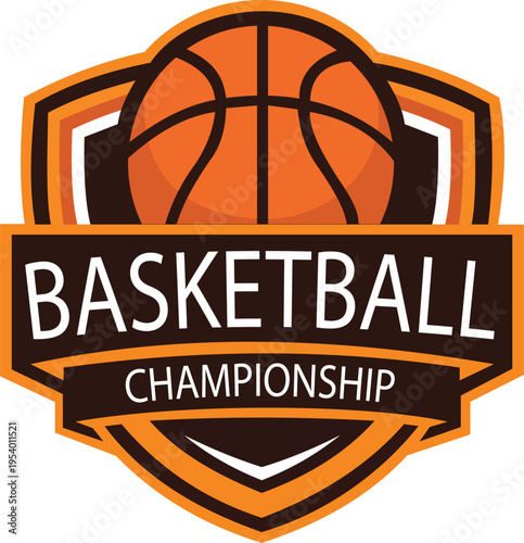 This bold emblem features a stylized basketball set inside a shield with a ribbon banner displaying "BASKETBALL" and a secondary banner reading "CHAMPIONSHIP." The warm orange and dark brown color pal