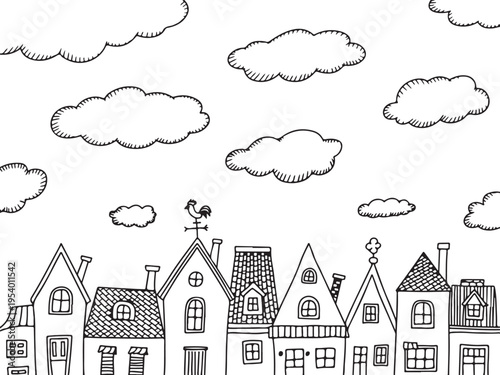 town line drawing of stylized houses row with clouds and rooster