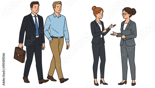 Business people walking and talking in a professional setting illustration