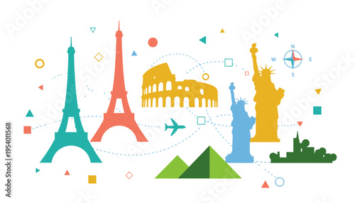 Travel landmarks vector illustration with famous monuments and symbols
