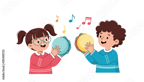 A cartoon illustration of children playing colorful musical instruments happily together
