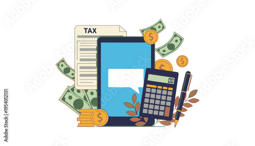 Tax tablet icon with calculator and money illustration for finance