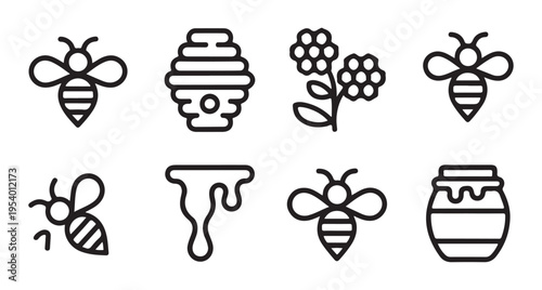 Set of simple bee and honey related icons for design isolated on white background vector