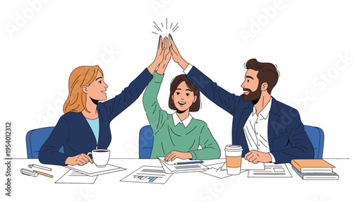 Business team celebrating success with a high five in a meeting