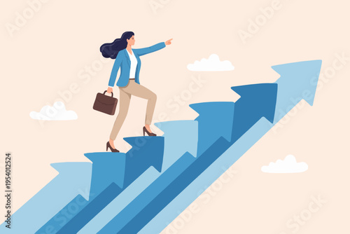 Woman Climbing Steps To Success