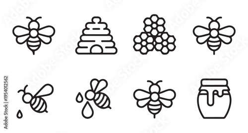 Collection of cute honeybee and honey related icons on white background vector illustration