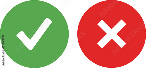 Check mark and cross icons, approval and rejection symbols, green tick and red X buttons, user interface validation concept