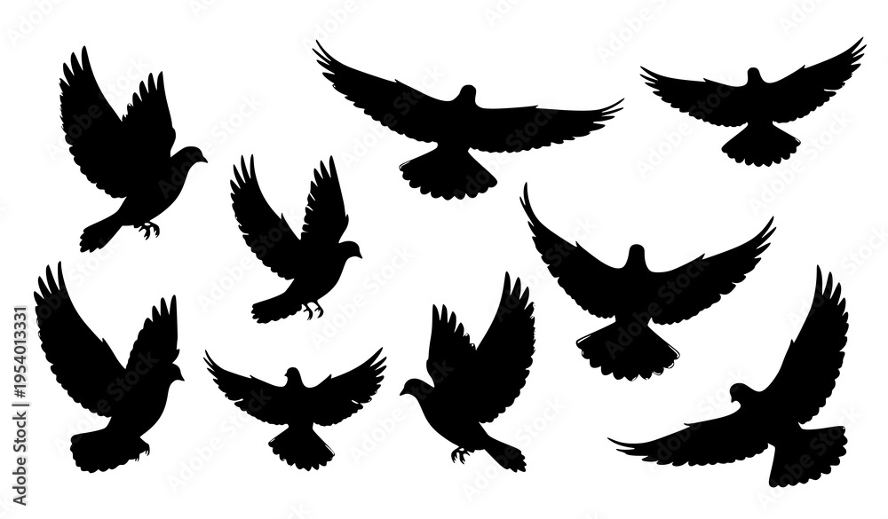 Obraz premium Dove of peace hand drawn silhouette vector set flying birds black ink style collection isolated on white