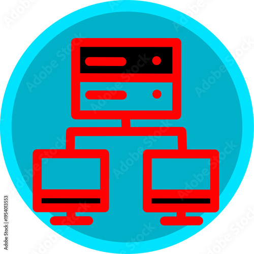 Network server icon with connected computers, illustrating data sharing, cloud systems, communication, and IT infrastructure in a modern flat style.