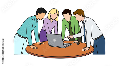 Group of Coworkers Standing Around Table Having Discussion with Laptop
