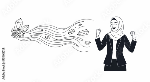 Drawing shows woman celebrating achieving goals, crystals flowing to her. Confident professional in hijab embodies empowerment, prosperity, growth, achieving goals.