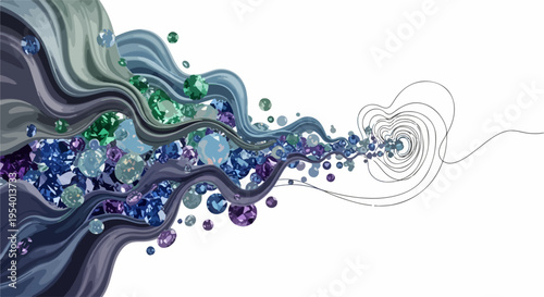 Gem flow, blue, green, purple crystals form fluid lines on white. Dynamic gem flow creates luxurious, transitioning pattern from clusters to swirls.