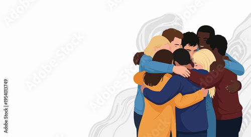 Diverse people forming group hug, embracing closely in supportive circle. Multicultural individuals share heartfelt group hug, expressing solidarity, warmth. Concept group hug for unity, community,
