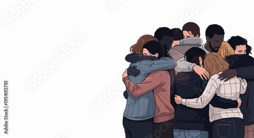 Diverse group hug demonstrates community support, comforting togetherness. Heartfelt group hug shows solidarity, empathy, fostering connection.