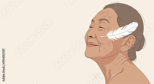 Gentle touch illustration of serene elderly woman, eyes closed, smiling peacefully, soft white feather against her cheek. This gentle touch symbolizes tranquility, delicate skin care,