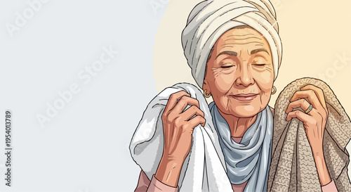 Senior care illustration, mature female enjoying soft towels. Old woman smiling, feeling comfort of fresh laundry against her skin. Thoughtful senior care concept for wellness and hygiene promotion.