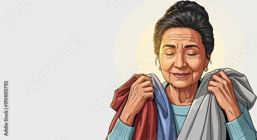 Woman smelling fabric with eyes closed, experiencing soft textile texture. Older woman smelling fabric, holding red and grey cloths, feeling comfort and satisfaction.