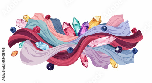 Flowing fabric design with elegant draped textiles, sparkling crystals, and fresh berries. Colorful flowing fabric design composition includes soft pastel and rich jewel tones,