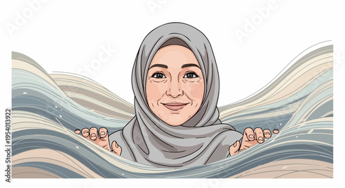 Smiling Muslim woman peeking above abstract wavy lines. Muslim woman displays gentle expression, hands visible, gray headscarf against elegant flowing shapes. Concept Muslim woman for diversity,