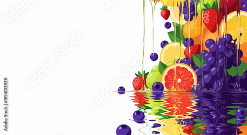 Colorful fruit juice splash with fresh strawberries, grapes, and citrus fruits on white background. Refreshing fruit juice splash includes oranges, limes, blueberries, and apples,
