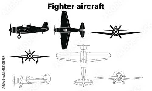Black and white line art of vintage fighter aircraft in flight and technical views
