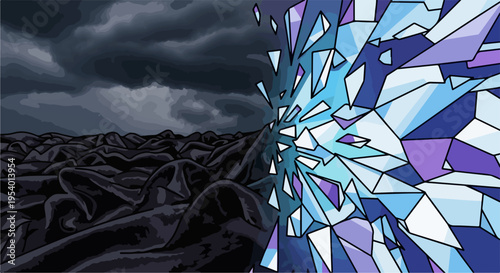 Abstract scene presenting shattering abstract structure on one side and dark, stormy clouds on opposite side. Shards of blue and purple crystal depict concept of breaking, transformation, and light,