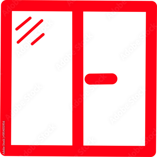Minimalist red window icon featuring sliding glass panels with reflection lines, clean outline design isolated on white background, modern home concept