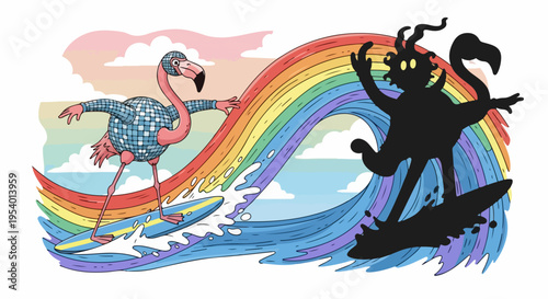 Pink flamingo surfing wave with colorful rainbow in background, wearing sweater and goggles. One surfing flamingo depicted as cartoon character, riding vibrant blue ocean wave.