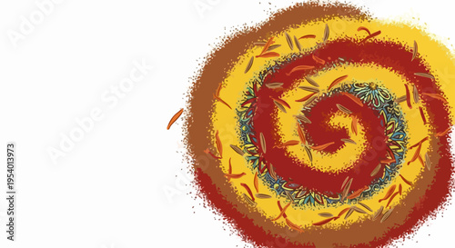 Vibrant colorful spice art, a spiral of yellow, red, brown particles on white. Dynamic colorful spice art includes subtle green textures, creating appealing pattern.