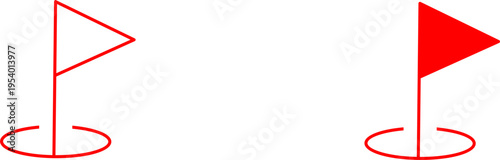 Minimalist red golf flag icon set with outline and solid styles, simple course marker symbol isolated on white background, sport and location concept