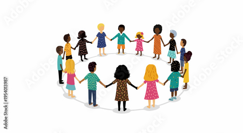 Kids circle formed by diverse children holding hands on white background. Illustration shows happy kids circle, symbolizing friendship, unity, inclusion. Concept kids circle promotes global community,