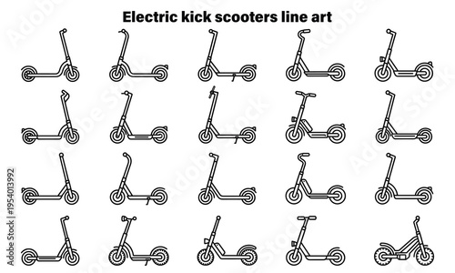 Collection of electric kick scooters in minimalist line art illustration for urban mobility design