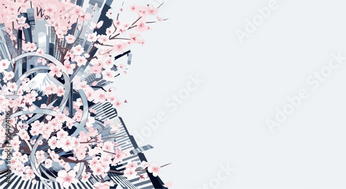 Stylized cherry blossom decor features pink flowers, abstract gray shapes, elegant border. Serene cherry blossom decor offers spring aesthetic, blooming branches, white space for text.