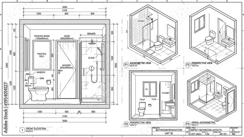 Detailed architectural bathroom renovation plan featuring front elevation and perspective views with technical measurements for professional floor layouts.