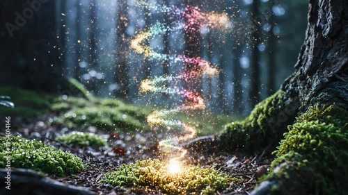 Magical glowing spiral of colorful particles rising from mossy forest floor