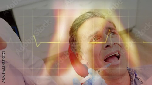 Reaching gloved dentist guiding syringe toward patient in clinic chair with ECG overlay for numbing