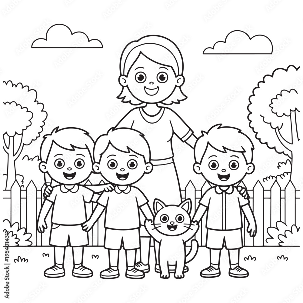 Naklejka premium Cute Cartoon Family with Kids and Cat Line Art Illustration