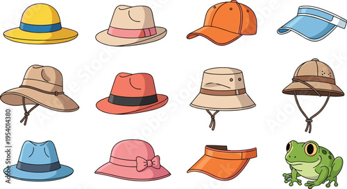 Collection of various hats illustration, colorful headwear set including caps, safari hats, bucket hats, sun visors, fashion accessories design