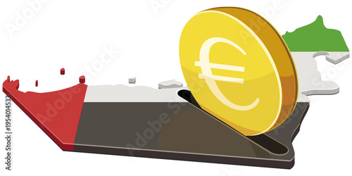A gold Euro coin being deposited into the United Arab Emirates map, representing European capital, trade, and financial savings in the UAE (cut out).