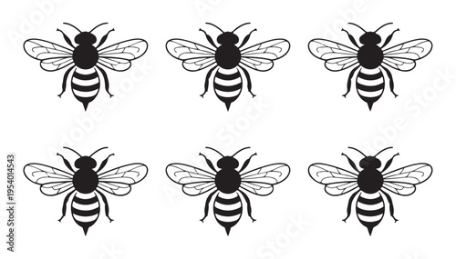 Minimalist flying bee silhouettes set of six black icons for organic honey labels and eco friendly branding art
